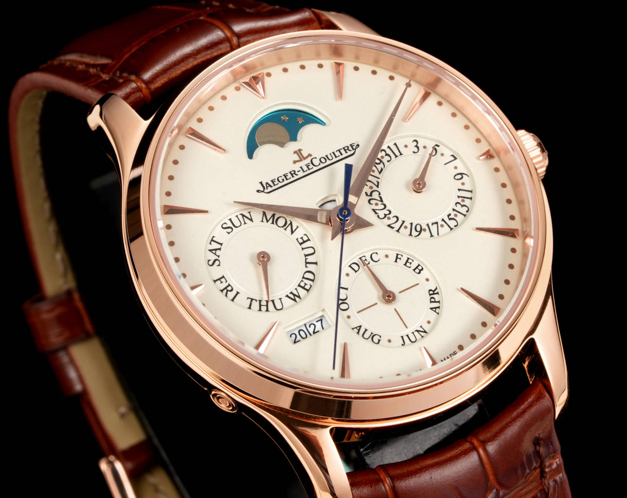 Jaeger-LeCoultre Perpetual Calendar Moon Phase Watch - Rose Gold Case, Ivory Dial, Brown Leather Strap, Swiss Made