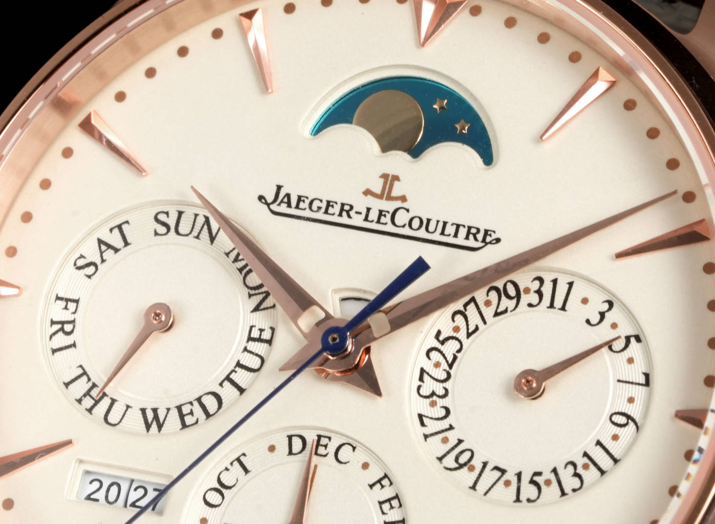 Jaeger-LeCoultre Perpetual Calendar Moon Phase Watch - Rose Gold Case, Ivory Dial, Brown Leather Strap, Swiss Made