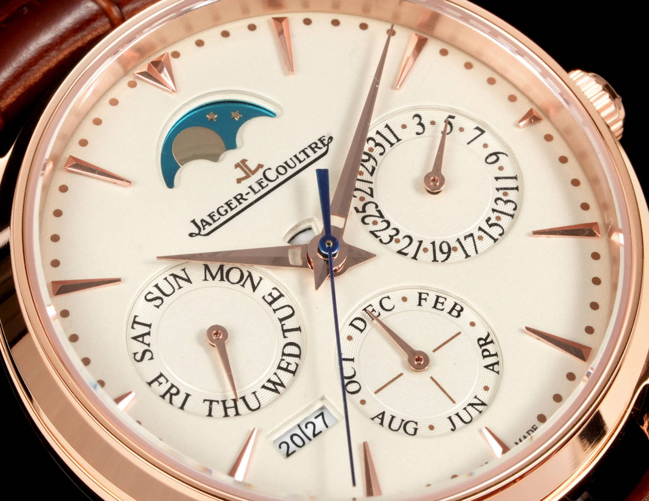 Jaeger-LeCoultre Perpetual Calendar Moon Phase Watch - Rose Gold Case, Ivory Dial, Brown Leather Strap, Swiss Made