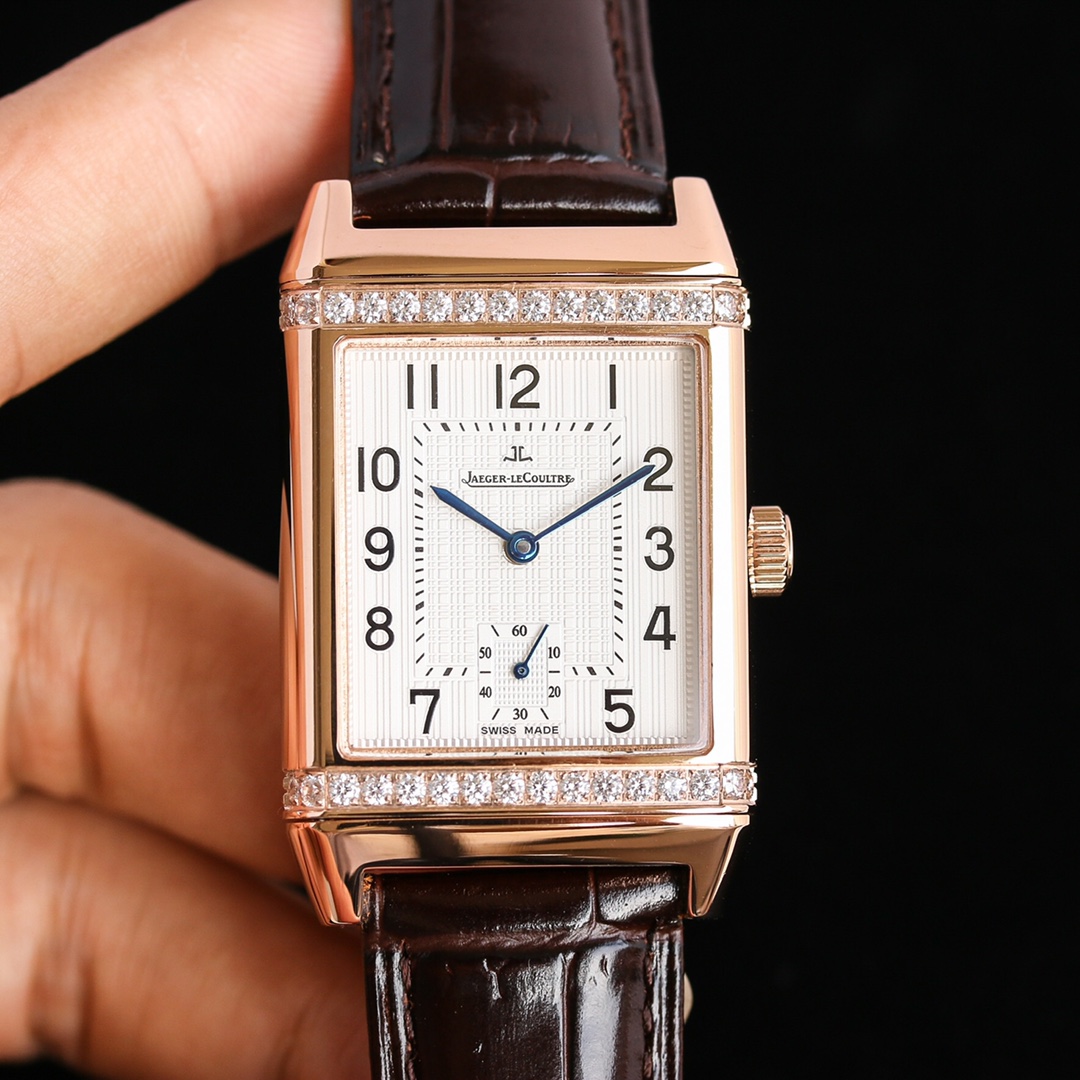 JAEGER-LECOULTRE Reverso Ladies Watch - 27mm 18K Rose Gold Case, Diamond Bezel, White Grid Dial, Brown Alligator Strap