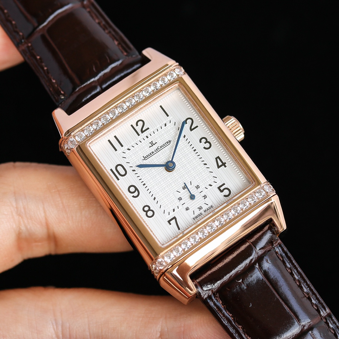 JAEGER-LECOULTRE Reverso Ladies Watch - 27mm 18K Rose Gold Case, Diamond Bezel, White Grid Dial, Brown Alligator Strap