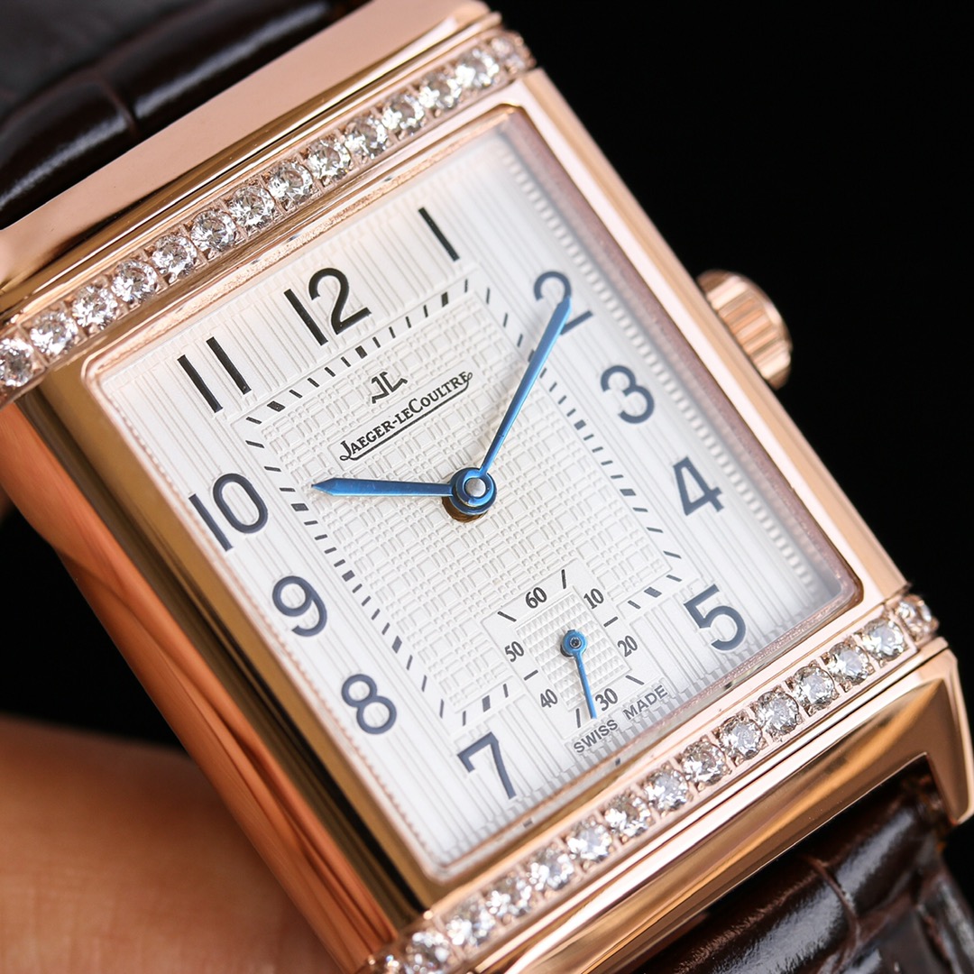 JAEGER-LECOULTRE Reverso Ladies Watch - 27mm 18K Rose Gold Case, Diamond Bezel, White Grid Dial, Brown Alligator Strap