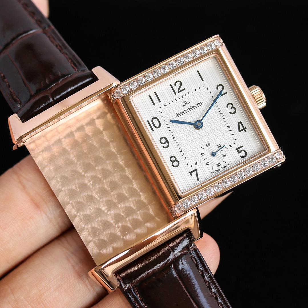 JAEGER-LECOULTRE Reverso Ladies Watch - 27mm 18K Rose Gold Case, Diamond Bezel, White Grid Dial, Brown Alligator Strap