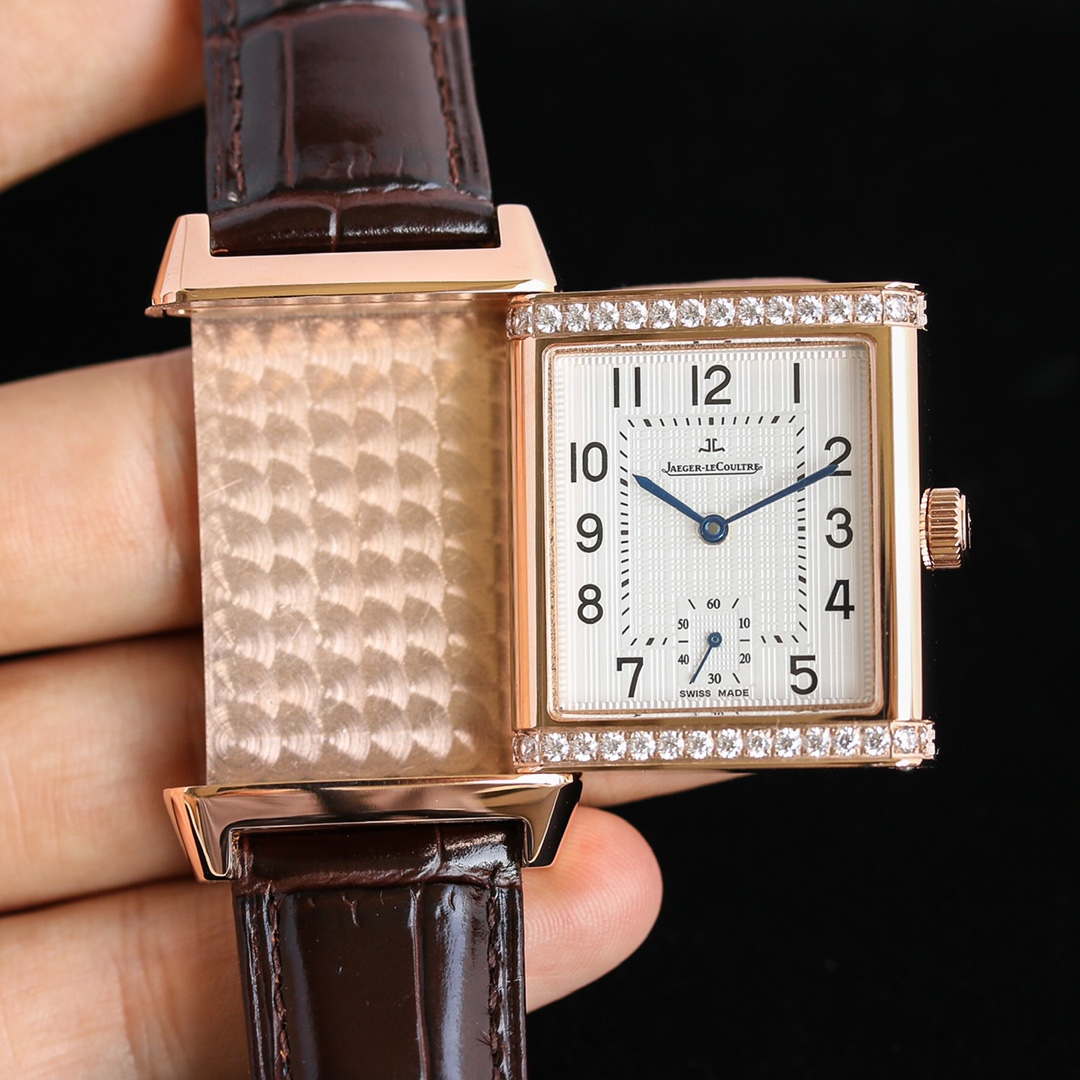 JAEGER-LECOULTRE Reverso Ladies Watch - 27mm 18K Rose Gold Case, Diamond Bezel, White Grid Dial, Brown Alligator Strap