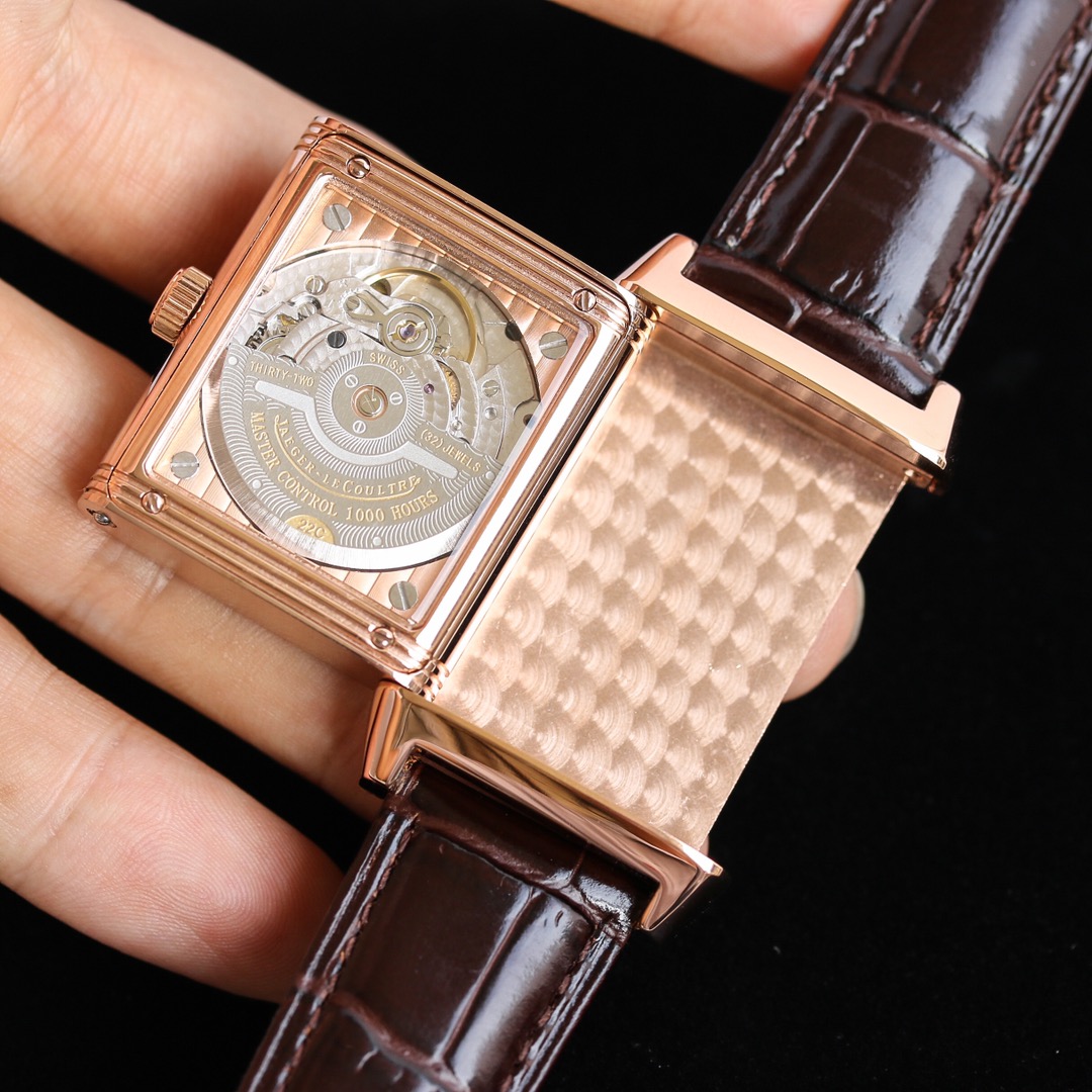 JAEGER-LECOULTRE Reverso Ladies Watch - 27mm 18K Rose Gold Case, Diamond Bezel, White Grid Dial, Brown Alligator Strap