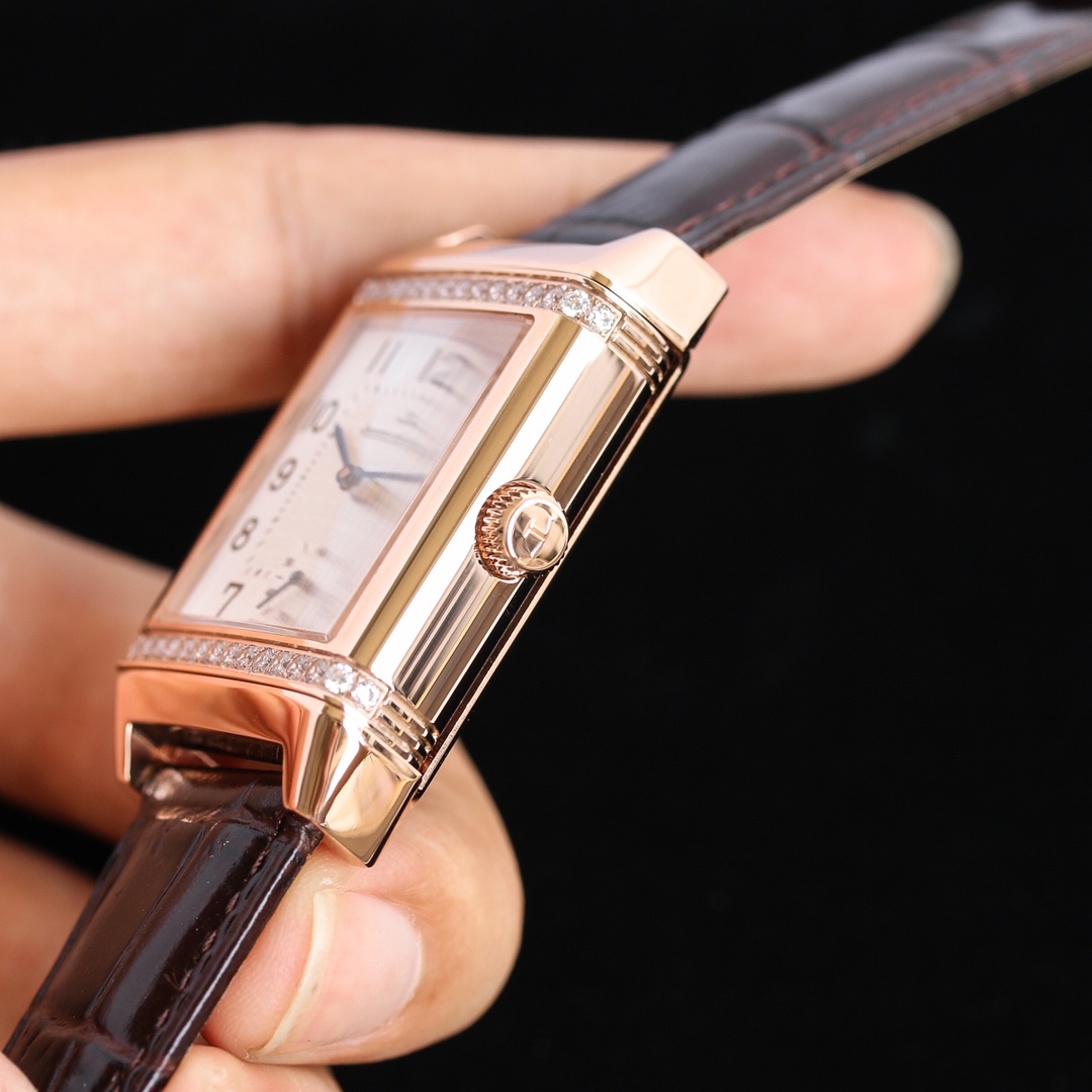 JAEGER-LECOULTRE Reverso Ladies Watch - 27mm 18K Rose Gold Case, Diamond Bezel, White Grid Dial, Brown Alligator Strap