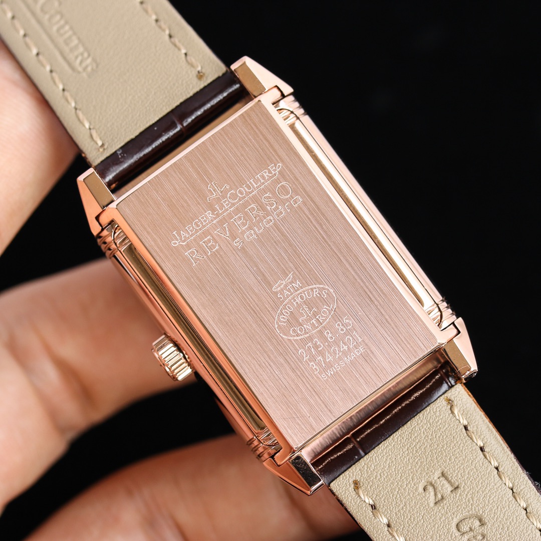 JAEGER-LECOULTRE Reverso Ladies Watch - 27mm 18K Rose Gold Case, Diamond Bezel, White Grid Dial, Brown Alligator Strap