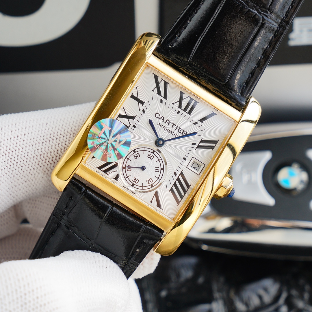 Cartier Tank RQ1 Automatic 34mm × 44mm – Italian Leather Men’s Watch with Cal.1904-PS MC Movement, Dual Sapphire Crystal & 30m Water Resistance