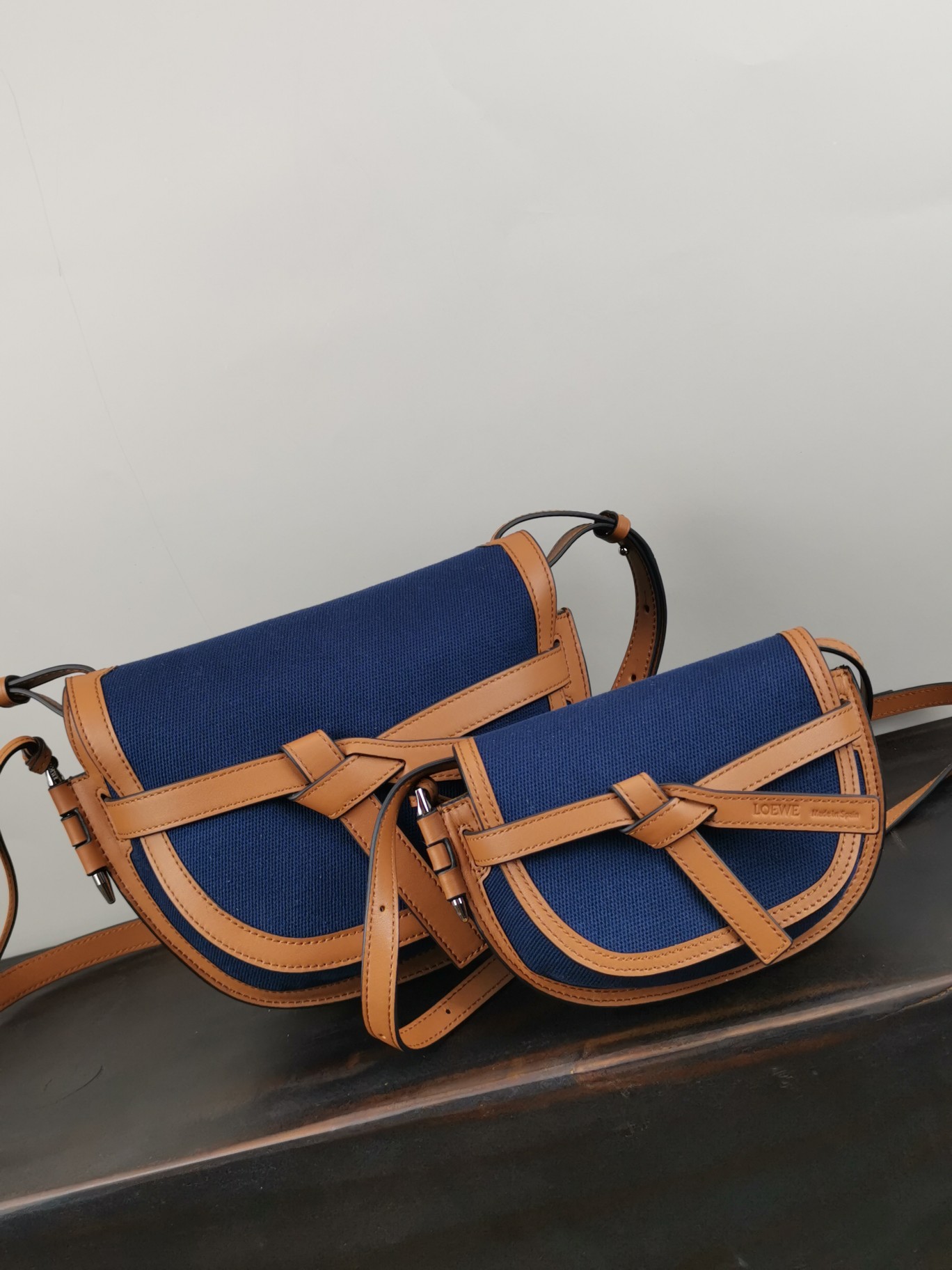 Loewe Mini Canvas and Leather Gate Dual Handbag Dimensions: 21 x 12 x 10 cm Model: 56T17 Color: Navy Blue/Tan