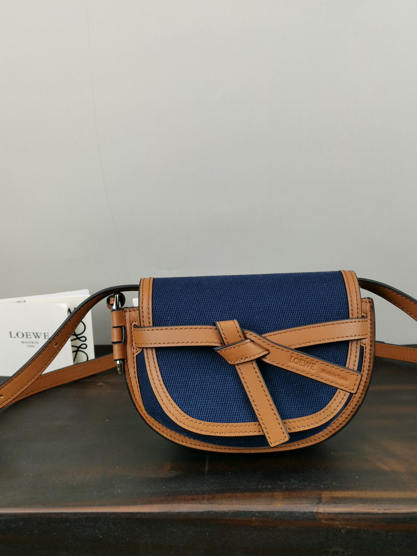 Loewe Mini Canvas and Leather Gate Dual Handbag Dimensions: 21 x 12 x 10 cm Model: 56T17 Color: Navy Blue/Tan