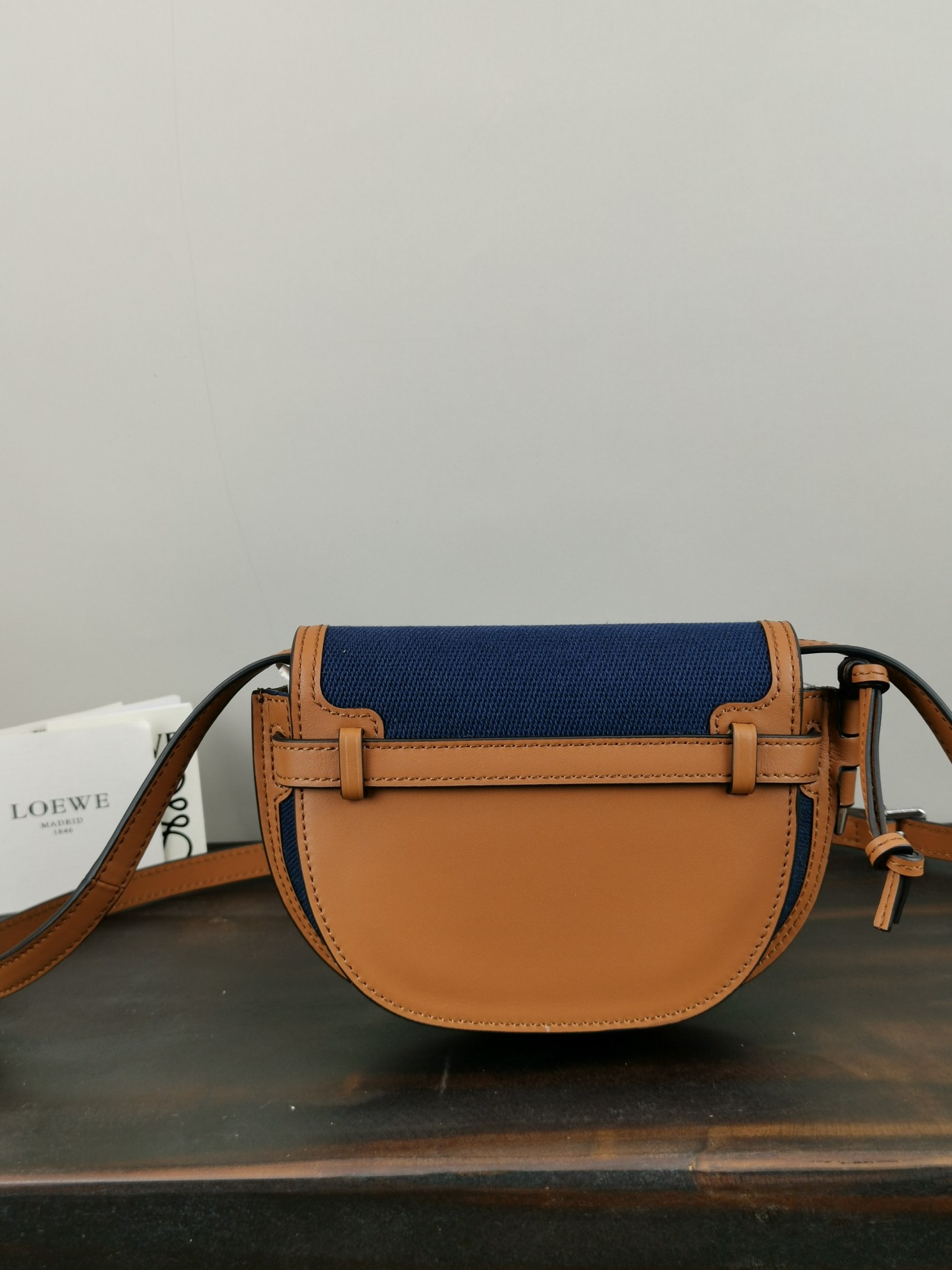 Loewe Mini Canvas and Leather Gate Dual Handbag Dimensions: 21 x 12 x 10 cm Model: 56T17 Color: Navy Blue/Tan