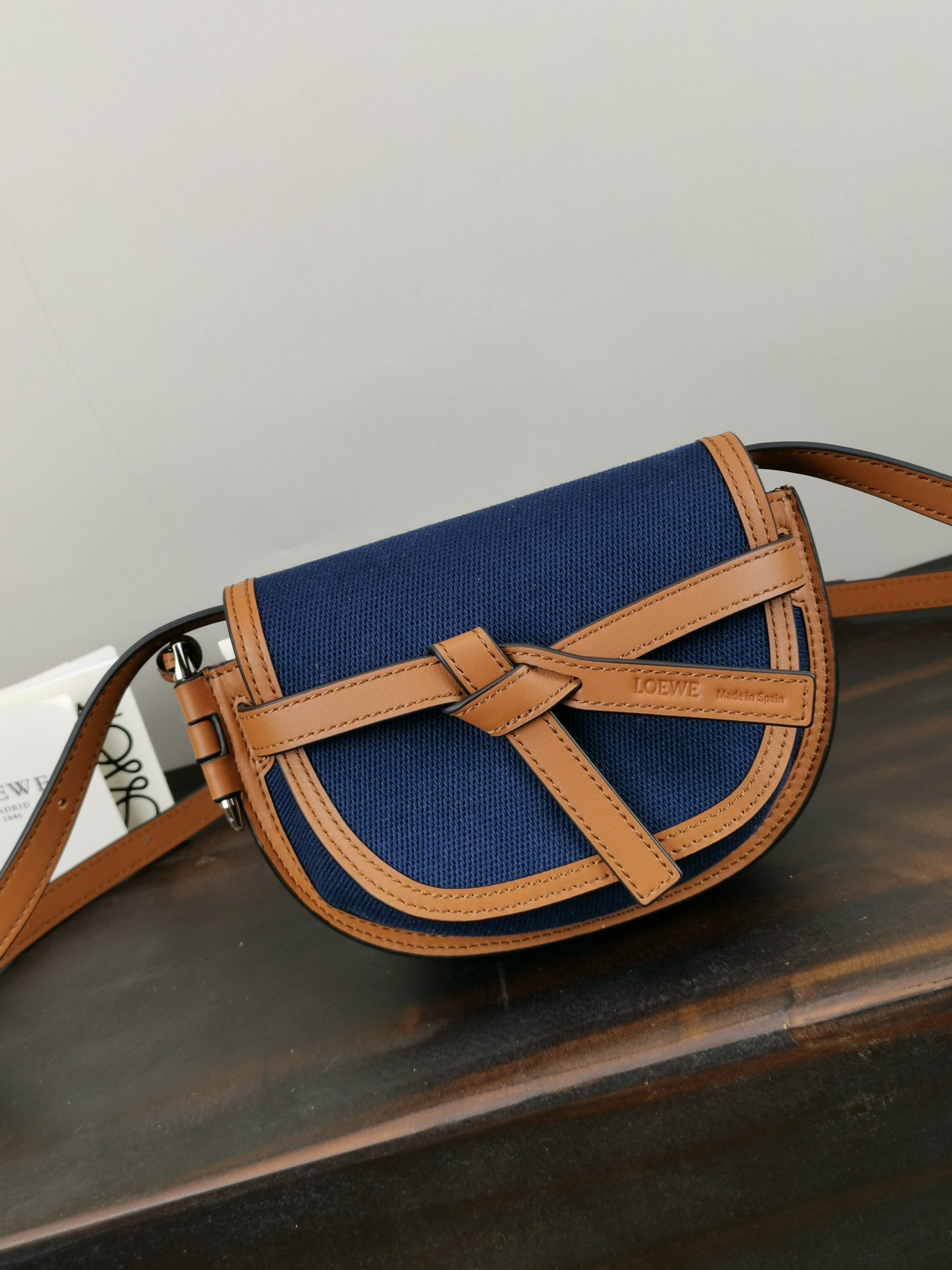 Loewe Mini Canvas and Leather Gate Dual Handbag Dimensions: 21 x 12 x 10 cm Model: 56T17 Color: Navy Blue/Tan