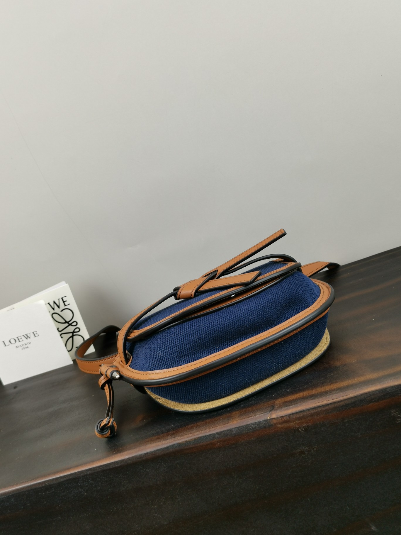 Loewe Mini Canvas and Leather Gate Dual Handbag Dimensions: 21 x 12 x 10 cm Model: 56T17 Color: Navy Blue/Tan