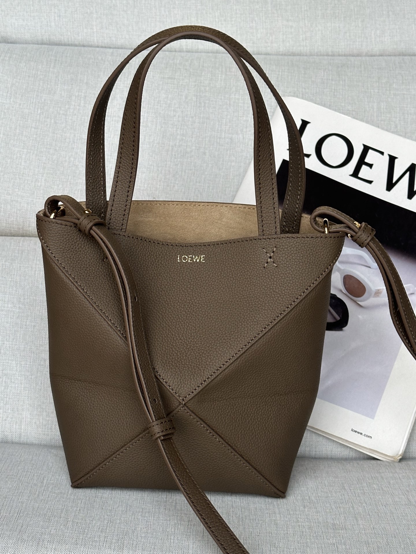 Loewe Model 1763 Taupe Mini Glossy Calfskin Puzzle FoldMini 16.5-9-20