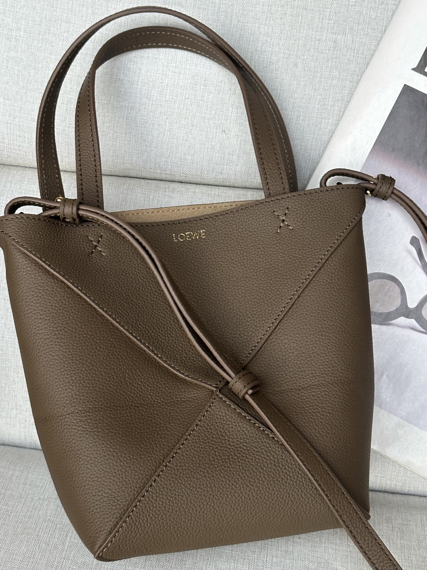 Loewe Model 1763 Taupe Mini Glossy Calfskin Puzzle FoldMini 16.5-9-20