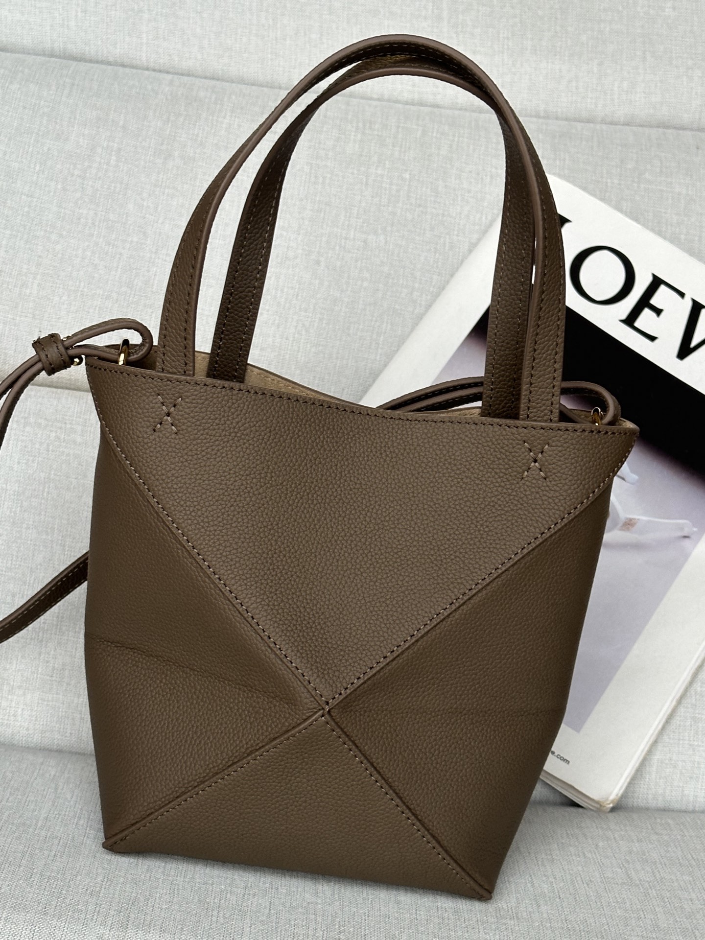 Loewe Model 1763 Taupe Mini Glossy Calfskin Puzzle FoldMini 16.5-9-20