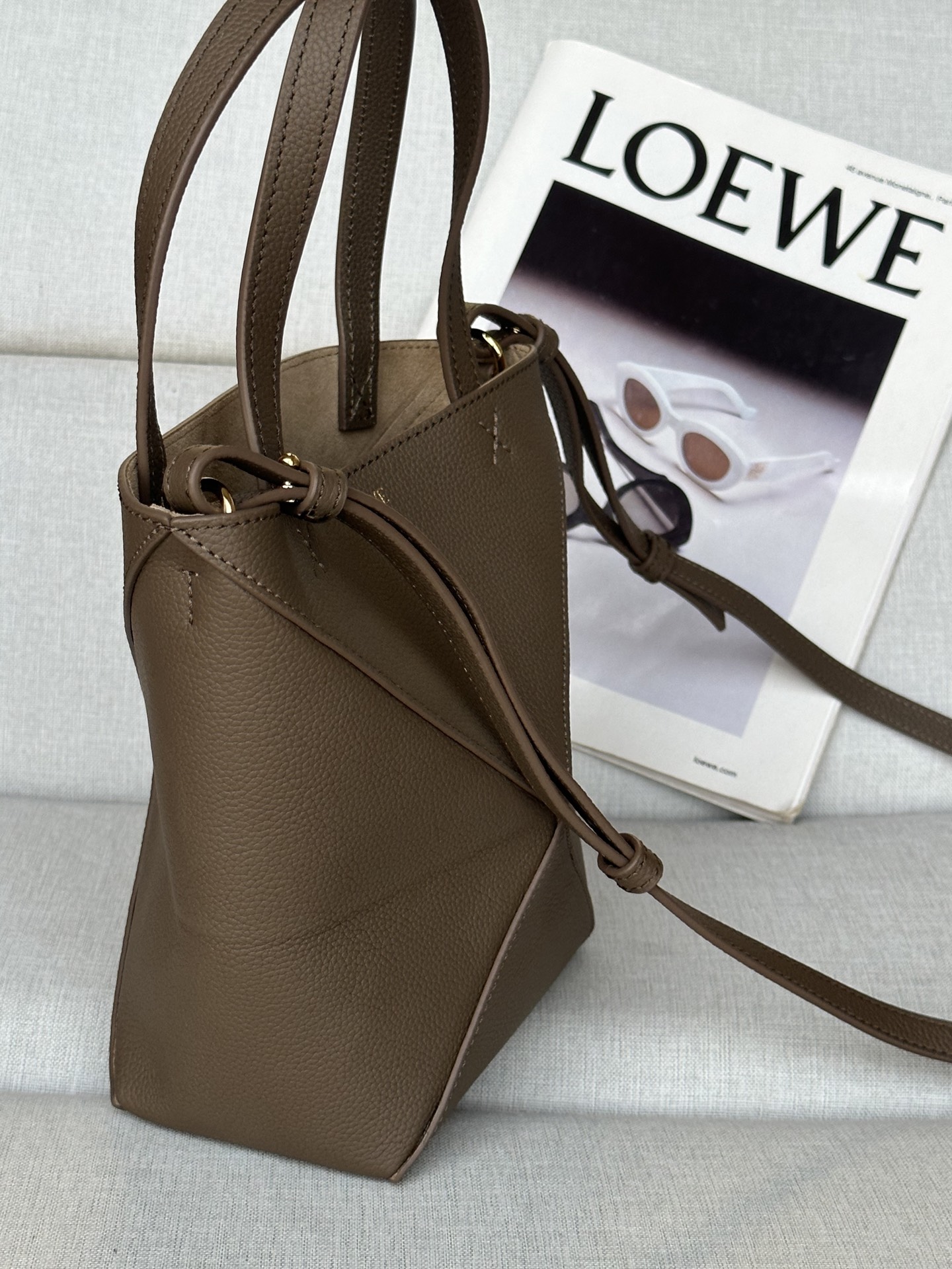 Loewe Model 1763 Taupe Mini Glossy Calfskin Puzzle FoldMini 16.5-9-20