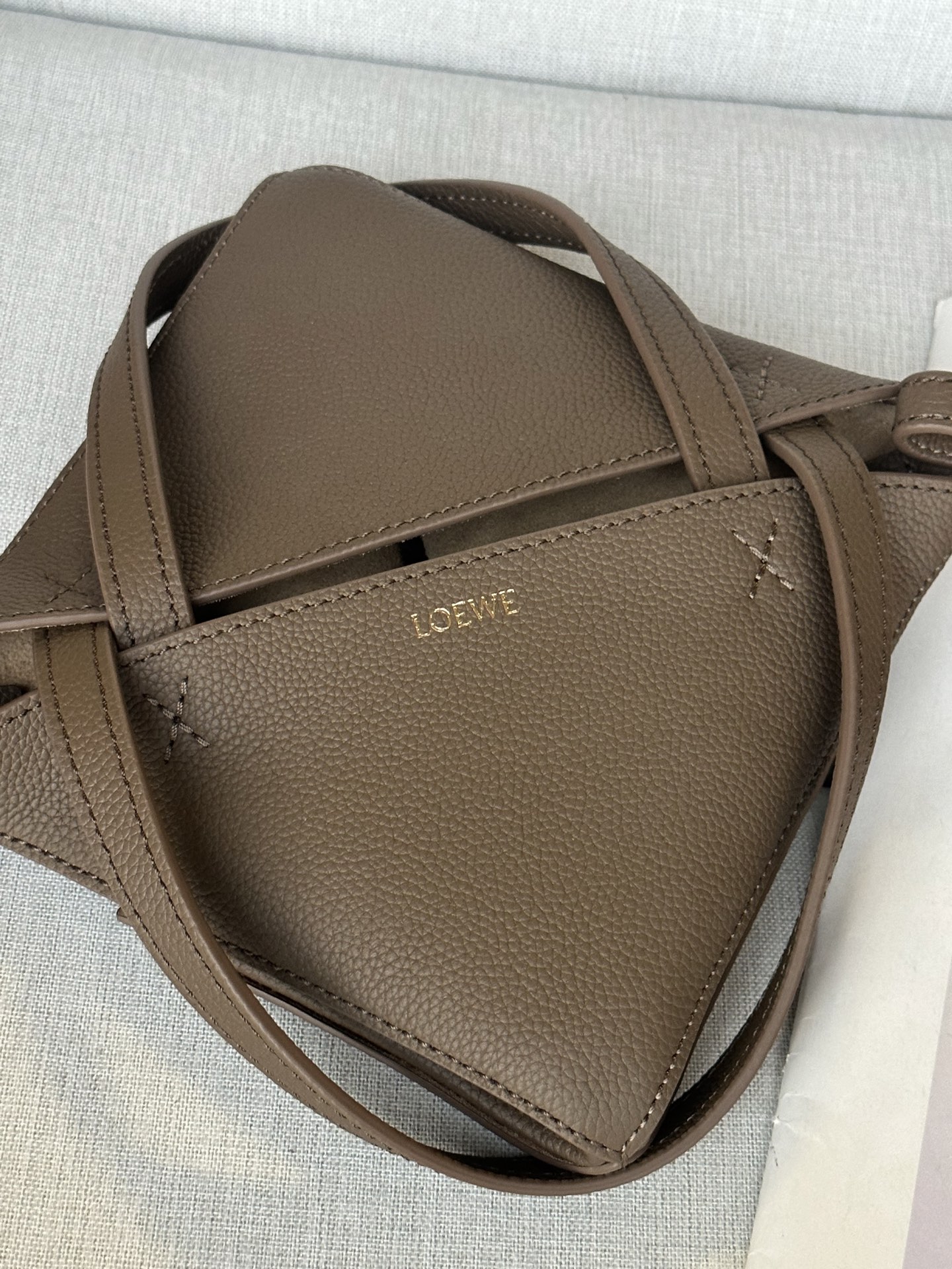 Loewe Model 1763 Taupe Mini Glossy Calfskin Puzzle FoldMini 16.5-9-20