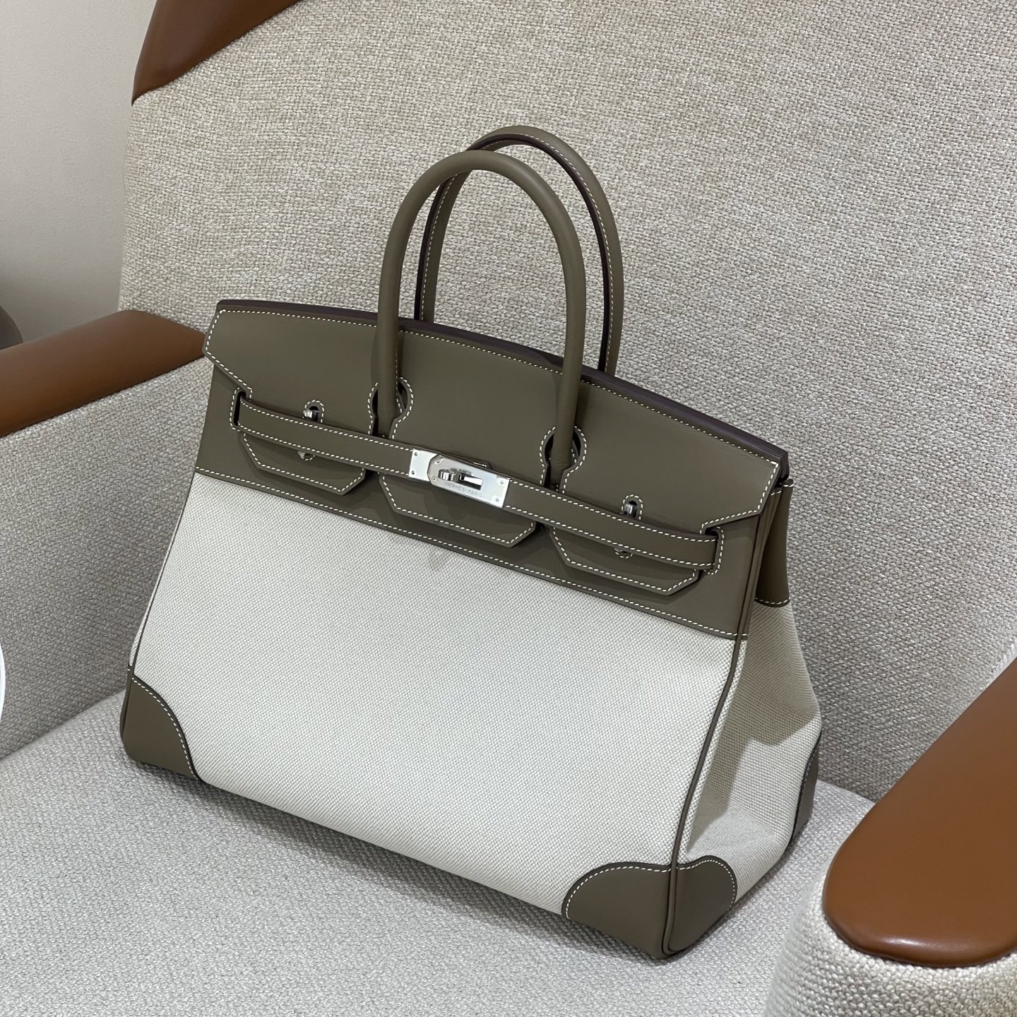 Hermès Model: Birkin 35 Color: Glacier White with Canvas Accents, Silver Hardware Dimensions: 35cm x 25cm x 18cm