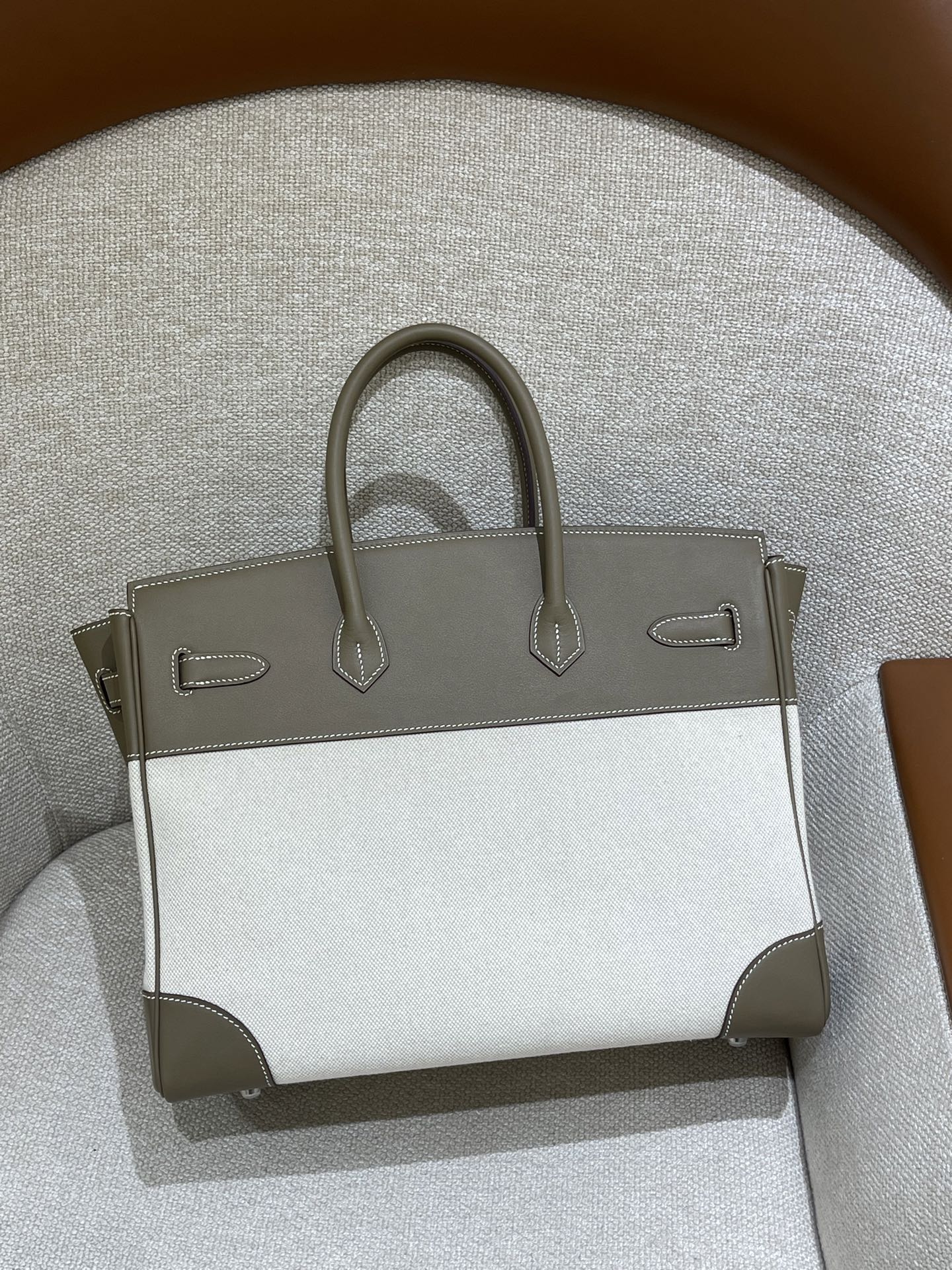 Hermès Model: Birkin 35 Color: Glacier White with Canvas Accents, Silver Hardware Dimensions: 35cm x 25cm x 18cm