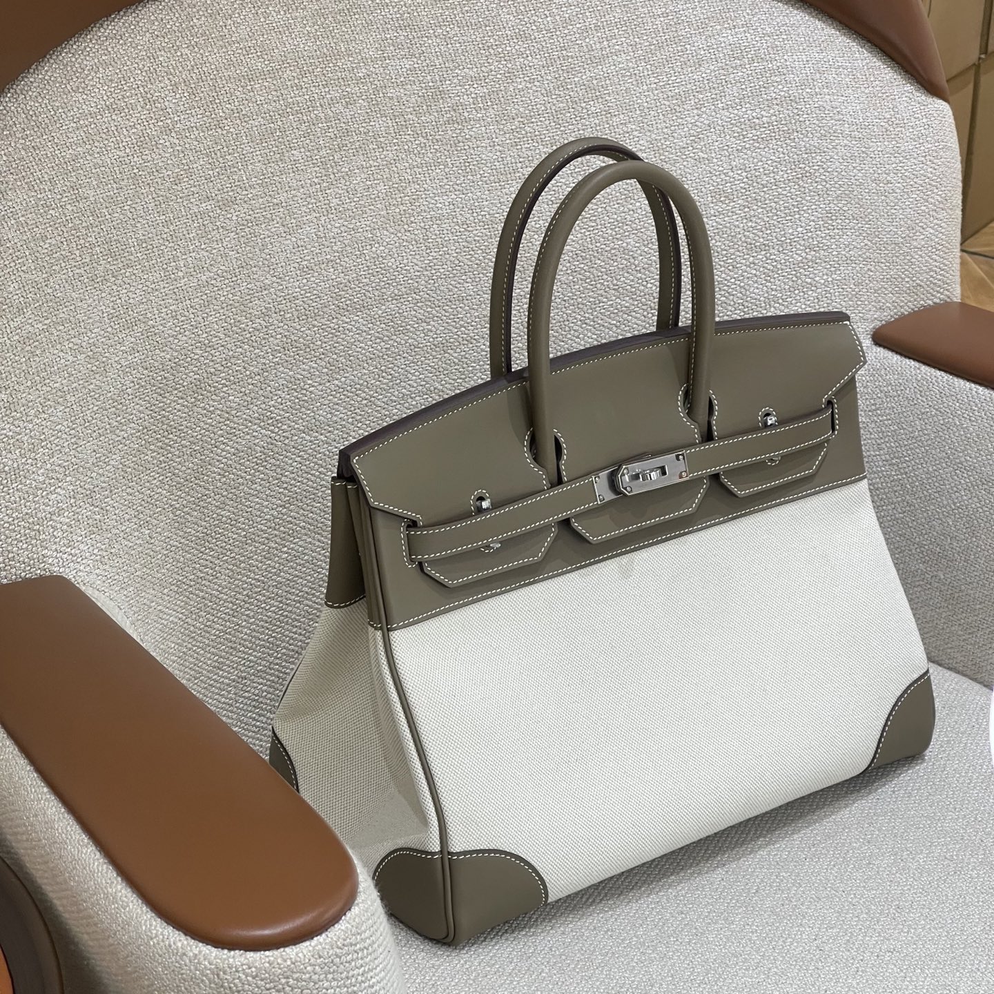 Hermès Model: Birkin 35 Color: Glacier White with Canvas Accents, Silver Hardware Dimensions: 35cm x 25cm x 18cm