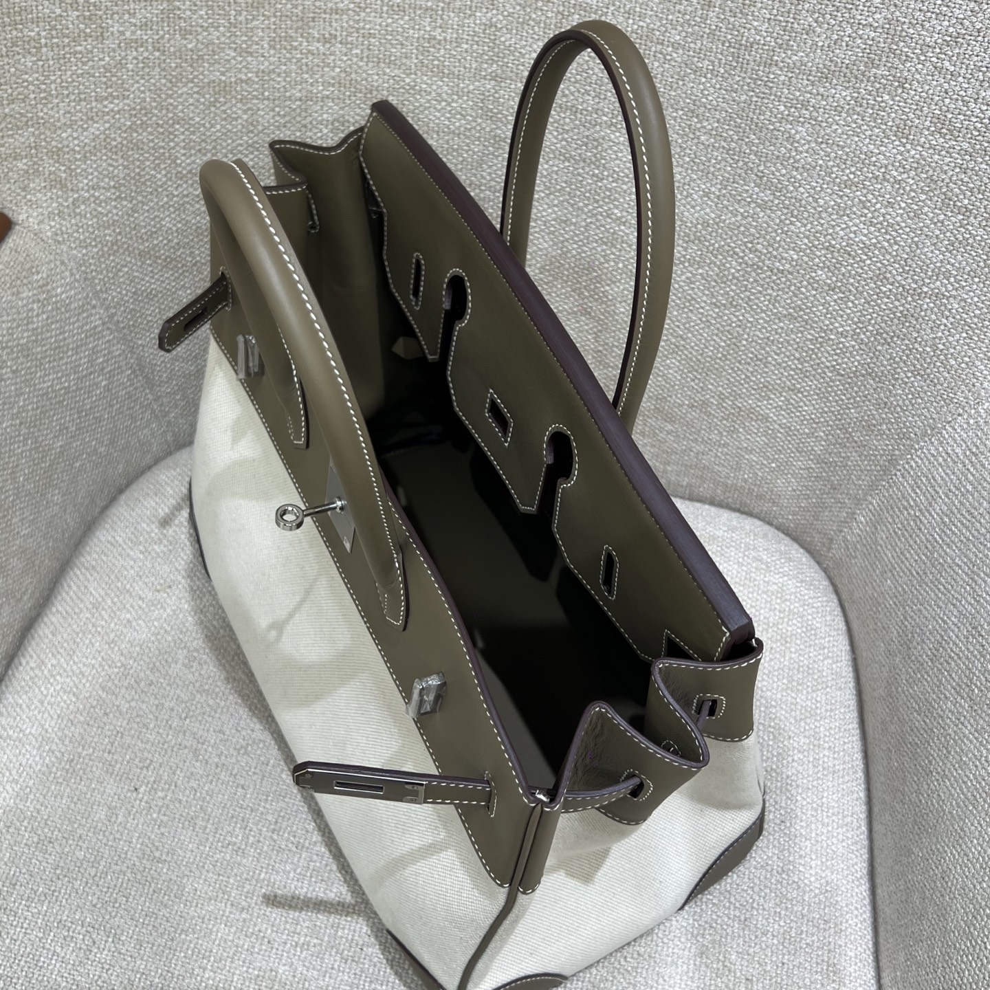 Hermès Model: Birkin 35 Color: Glacier White with Canvas Accents, Silver Hardware Dimensions: 35cm x 25cm x 18cm