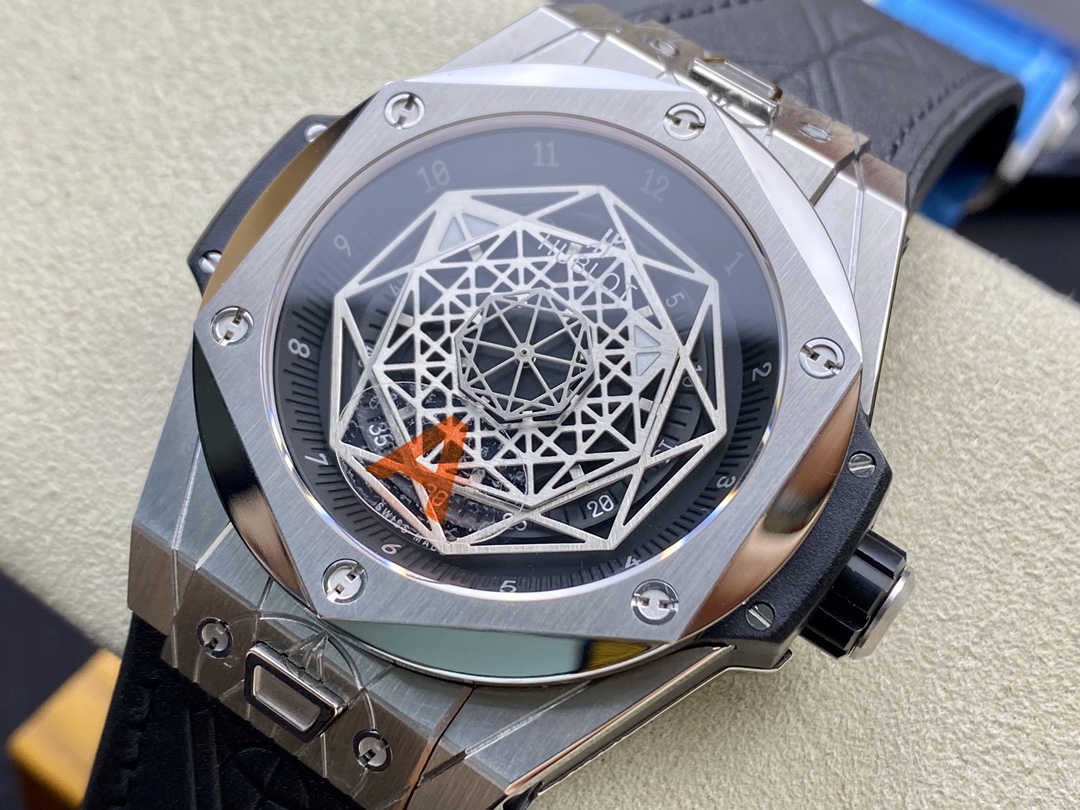 Vacheron Constantin Big Bang Sang Bleu Tattoo Collection 45mm×14mm｜HB Production Customized Caliber HUB1213 Swiss Calibrated Version Three-dimensional Geometric Lines Three Octagonal Hollow Rhodium-plated Hands Black Heat-transferred Calfskin Strap (Natur