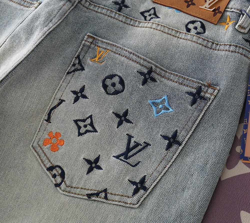 ルイ・ヴィトン新賞マルチポイント刺繍ロゴスパンデニムジン