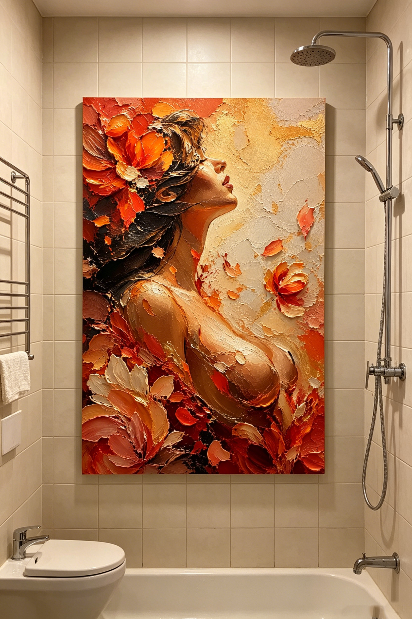 Tranh Canvas Nghệ Thuật Cô Gái Và Hoa Lá Tông Tối Trang Trí Phòng Khách