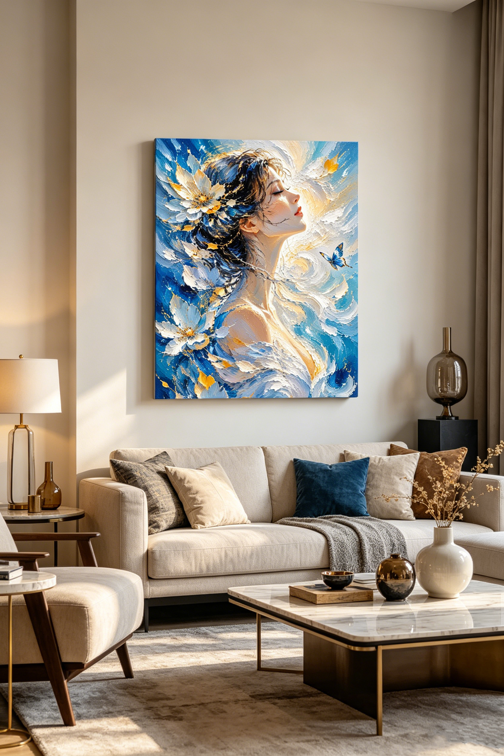 Tranh Canvas Nghệ Thuật Cô Gái Và Hoa Lá Tông Tối Trang Trí Phòng Khách