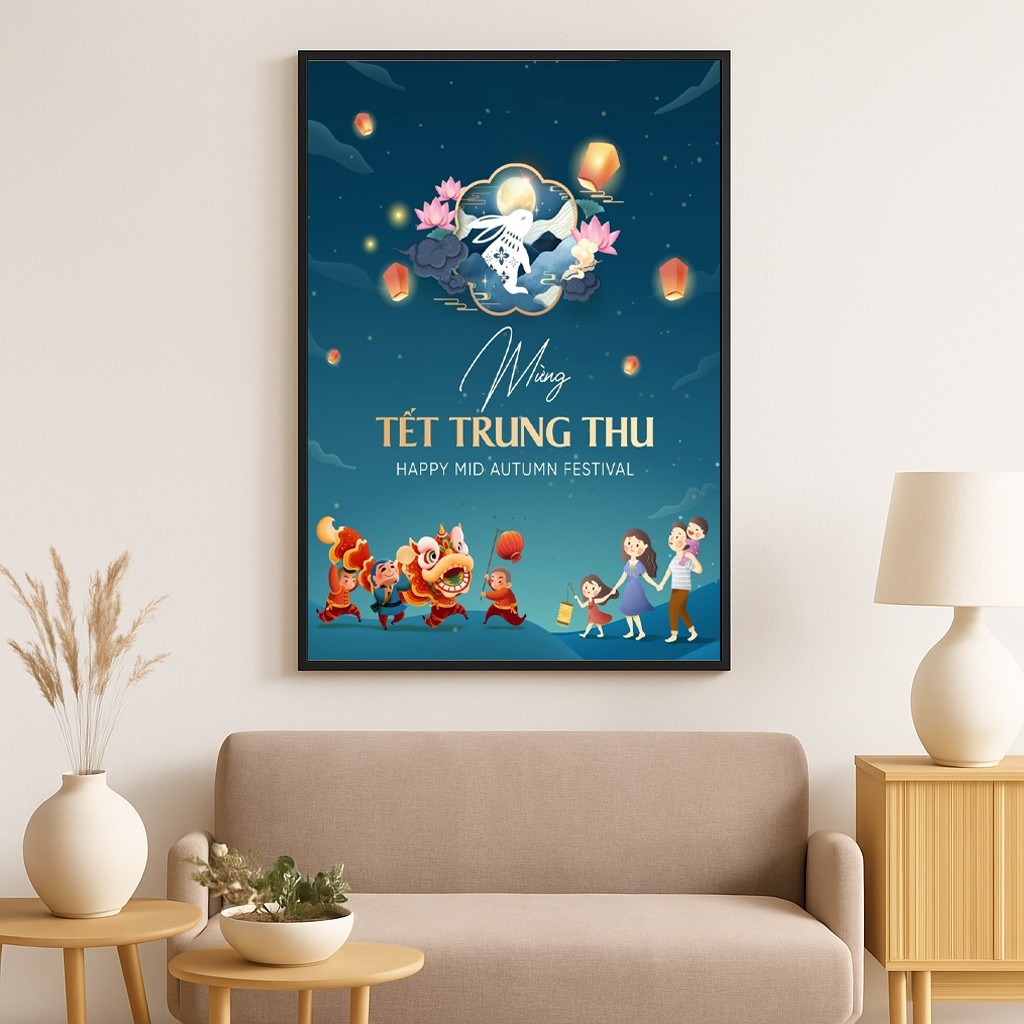 Tranh canvas decor ngày tết Trung Thu SNY38 - Tranh vui tết trung thu khung cảnh gia đình ấm cúng