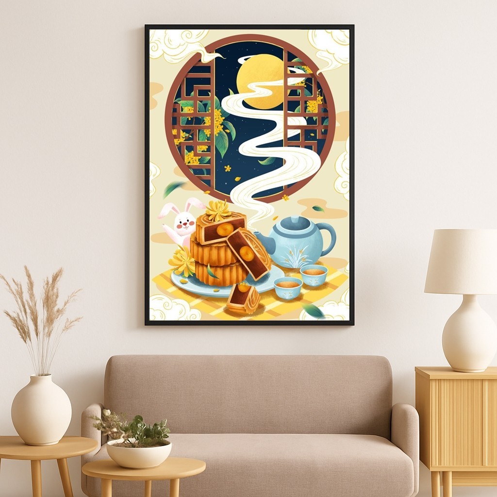 Tranh canvas decor ngày tết Trung Thu SNY38 - Tranh vui tết trung thu khung cảnh gia đình ấm cúng