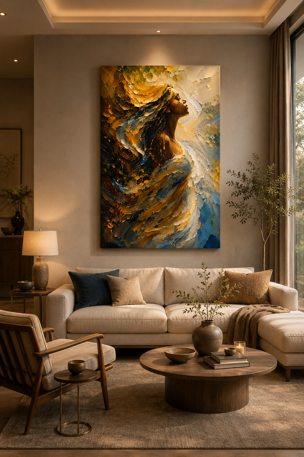 Tranh Canvas Nghệ Thuật Cô Gái Và Hoa Lá Tông Tối Trang Trí Phòng Khách