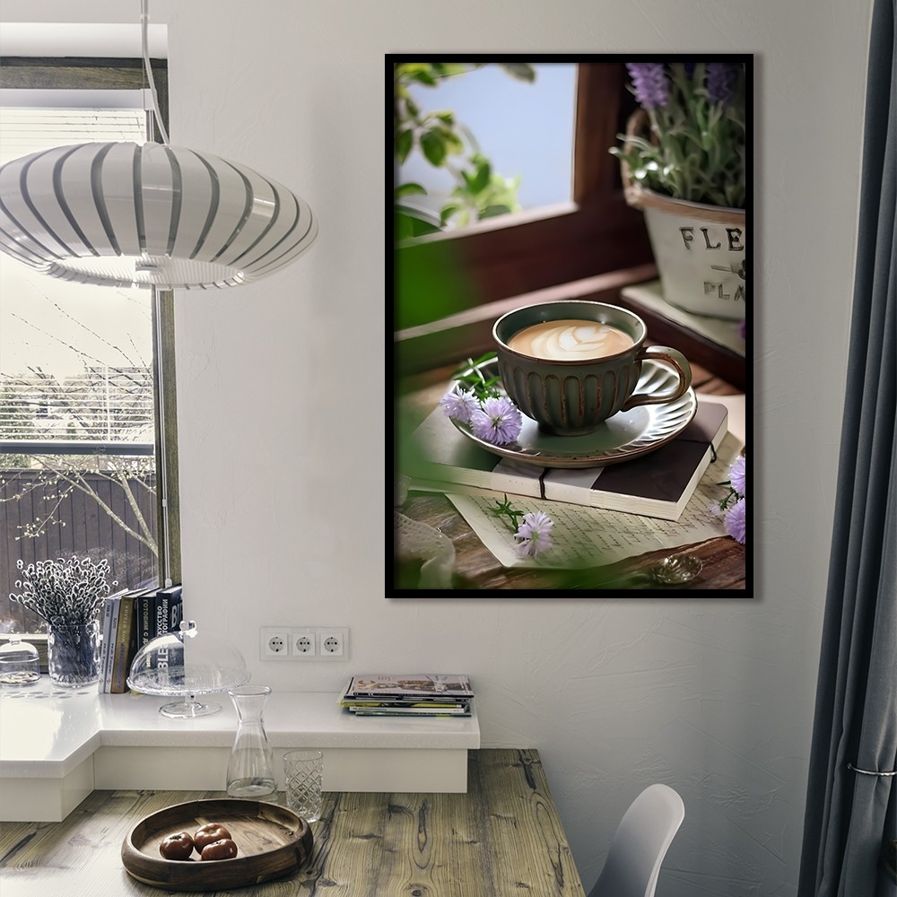 Tranh tường chủ đề cà phê cổ điển, khung gỗ, trang trí quán cà phê và phòng ngủ