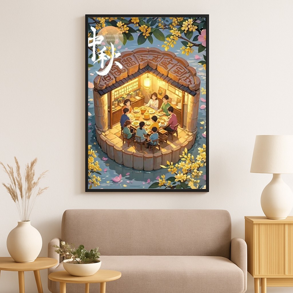 Tranh canvas decor ngày tết Trung Thu SNY38 - Tranh vui tết trung thu khung cảnh gia đình ấm cúng