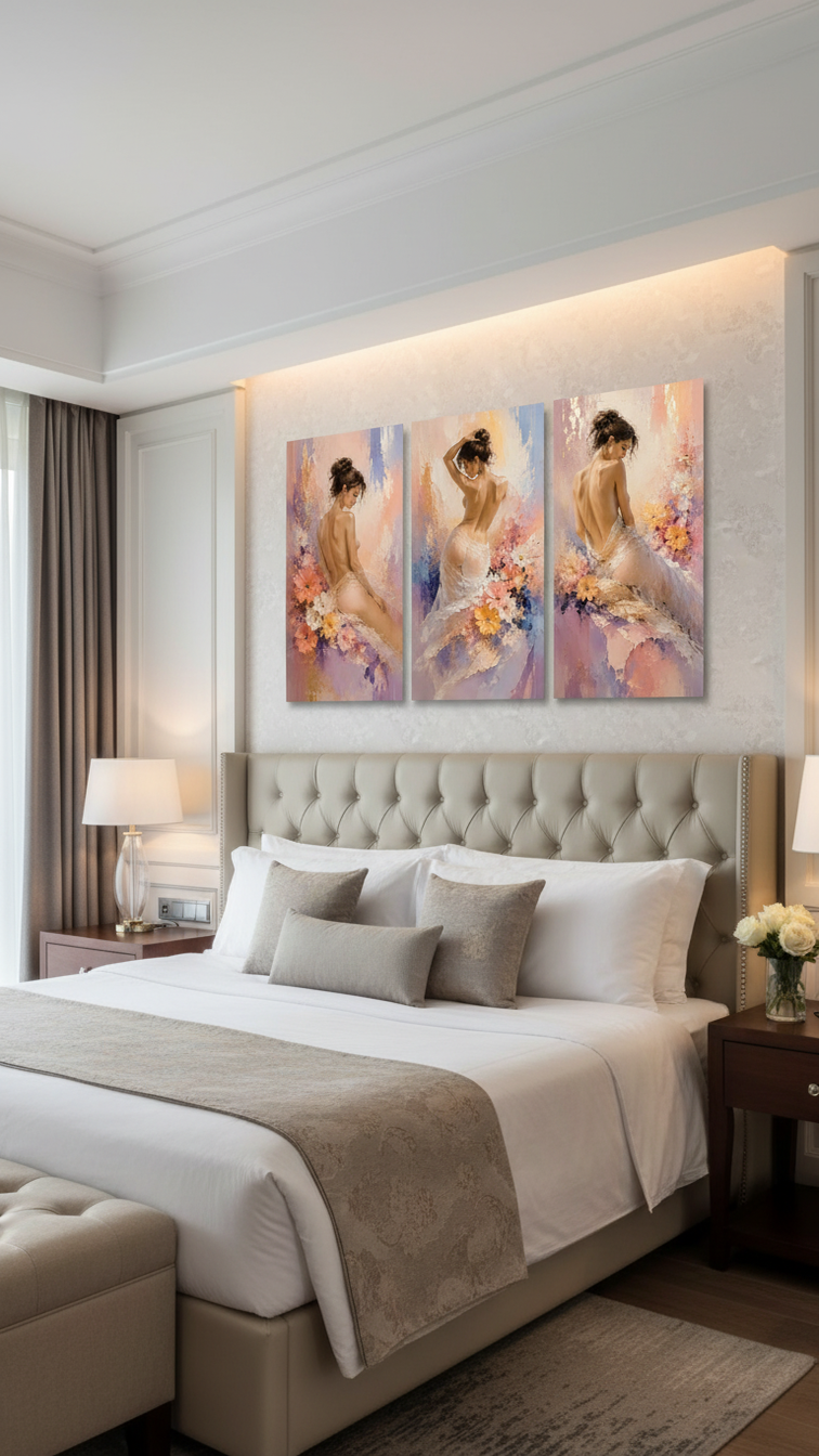 Bộ 3 tranh treo tường nghệ thuật cô gái quyến rũ cho khách sạn – vẻ đẹp sang trọng và điểm nhấn đầy cảm xúc