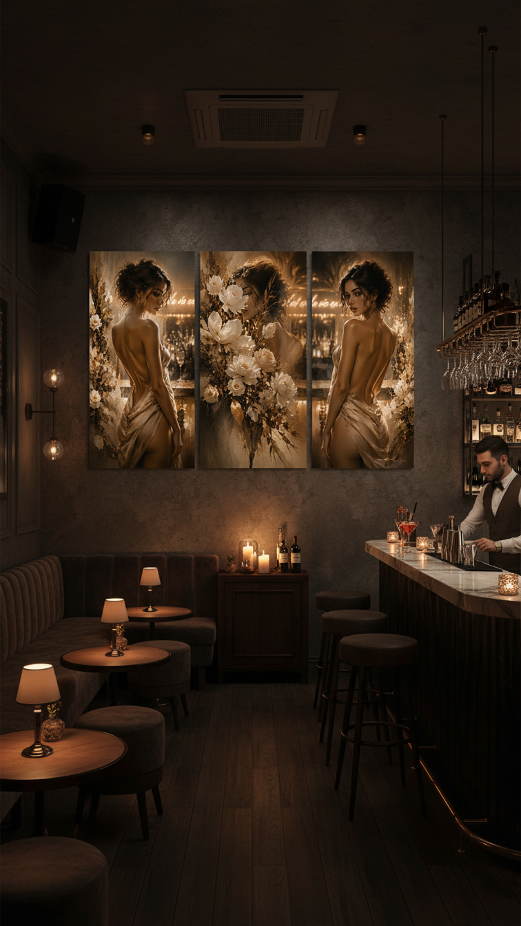 Bộ 3 tranh treo tường nghệ thuật cô gái cho quán bar – tạo không gian cá tính, sang trọng và đầy cuốn hút