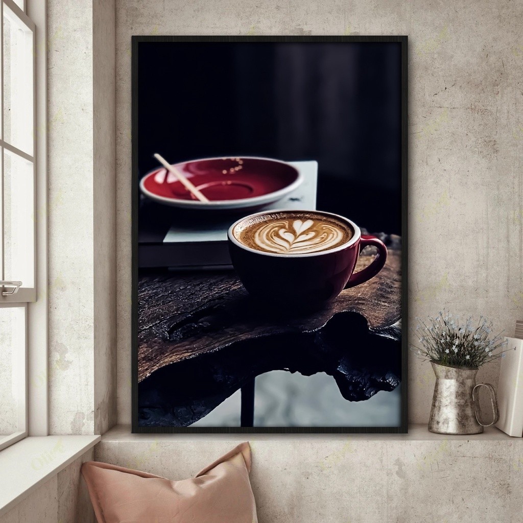 Tranh tường chủ đề cà phê cổ điển, khung gỗ, trang trí quán cà phê và phòng ngủ