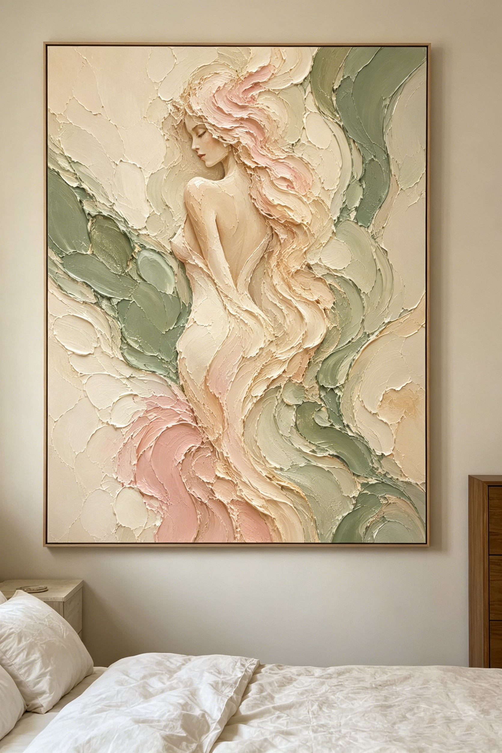 Tranh Canvas Nghệ Thuật Cô Gái Và Hoa Lá Tông Tối Trang Trí Phòng Khách