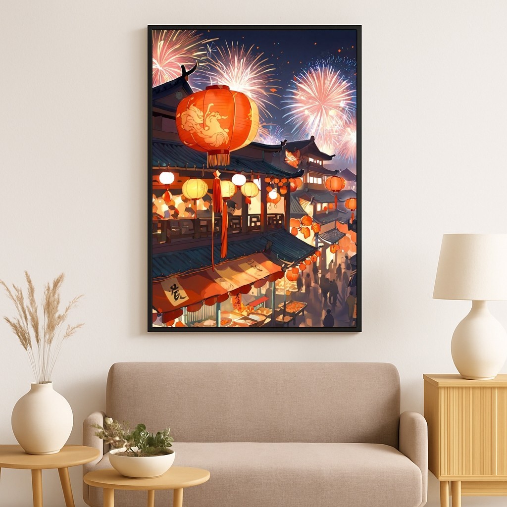 Tranh canvas decor ngày tết Trung Thu SNY38 - Tranh vui tết trung thu khung cảnh gia đình ấm cúng