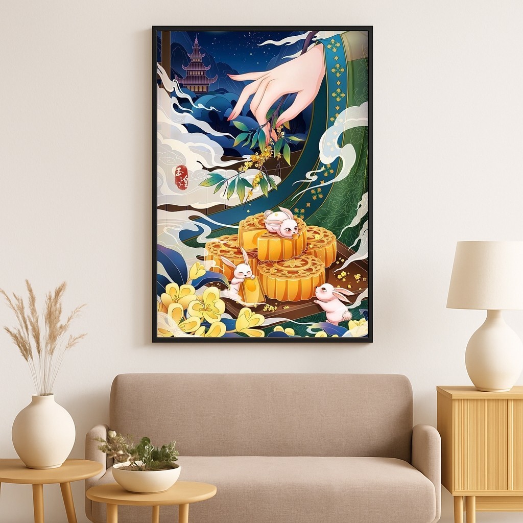 Tranh canvas decor ngày tết Trung Thu SNY38 - Tranh vui tết trung thu khung cảnh gia đình ấm cúng