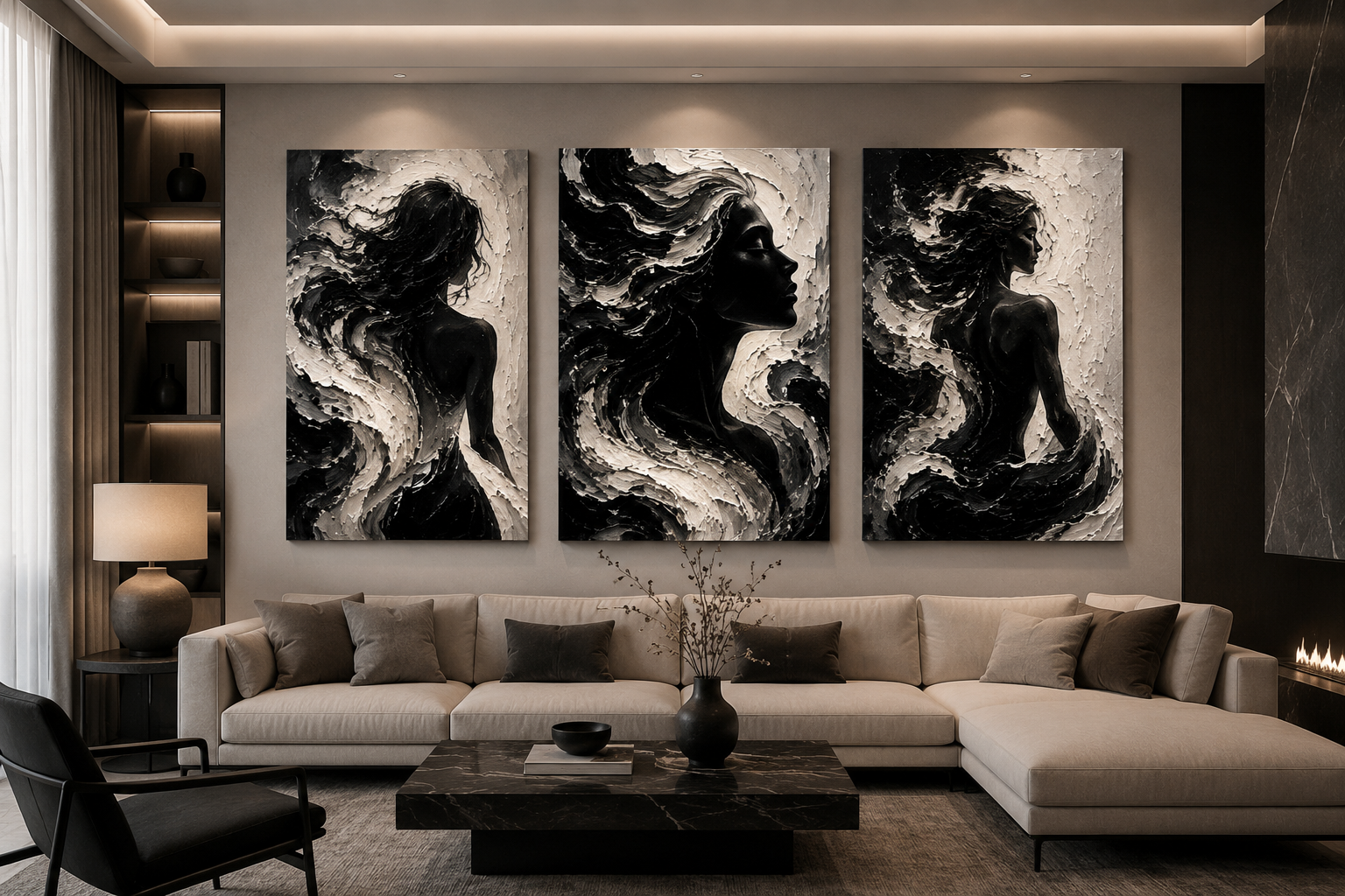 Bộ Tranh Canvas 3 Tấm Thiếu Nữ Nghệ Thuật Hiện Đại（Không khung）