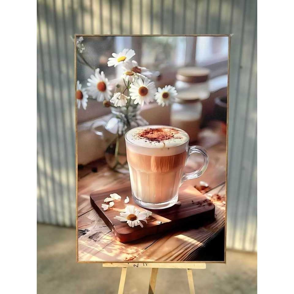 Tranh tường chủ đề cà phê cổ điển, khung gỗ, trang trí quán cà phê và phòng ngủ