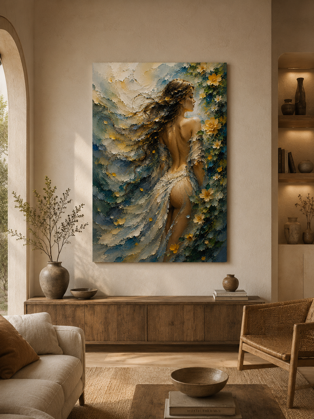 Tranh Canvas Nghệ Thuật Cô Gái Và Hoa Lá Tông Tối Trang Trí Phòng Khách