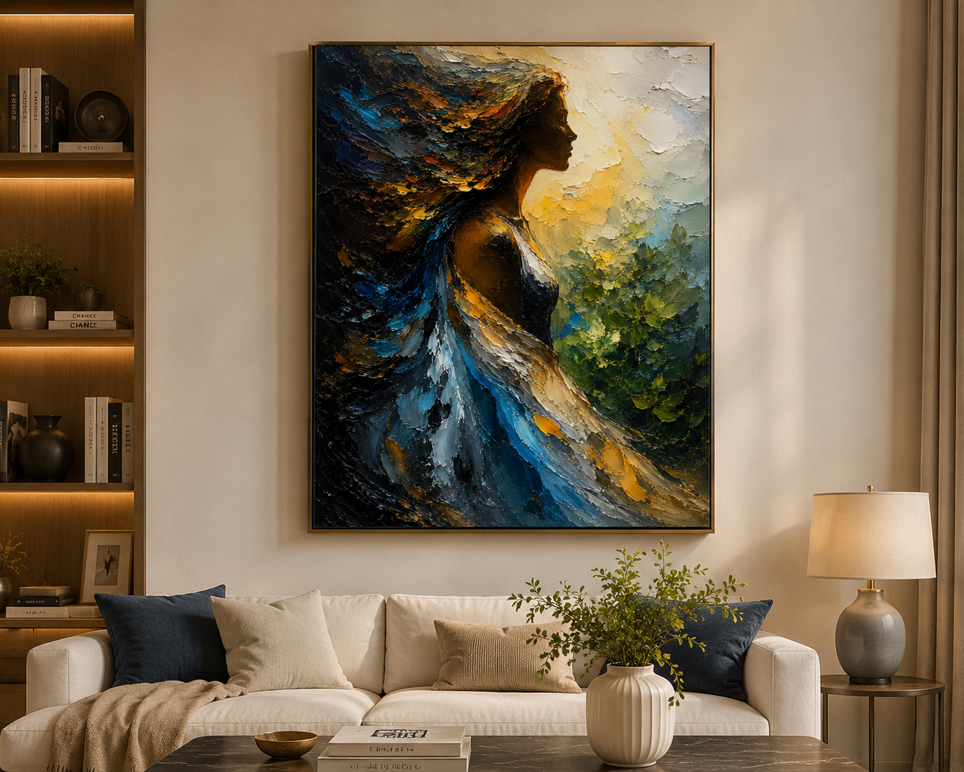 Tranh Canvas Nghệ Thuật Cô Gái Và Hoa Lá Tông Tối Trang Trí Phòng Khách