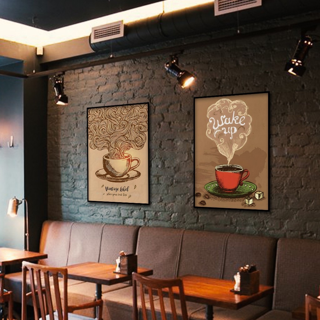 Tranh tường chủ đề cà phê cổ điển, khung gỗ, trang trí quán cà phê và phòng ngủ