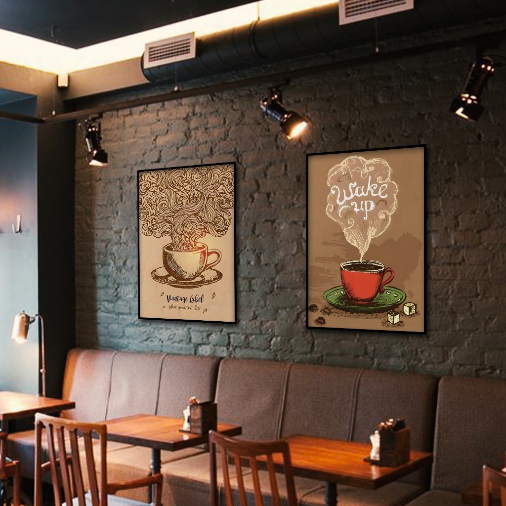 Tranh tường chủ đề cà phê cổ điển, khung gỗ, trang trí quán cà phê và phòng ngủ