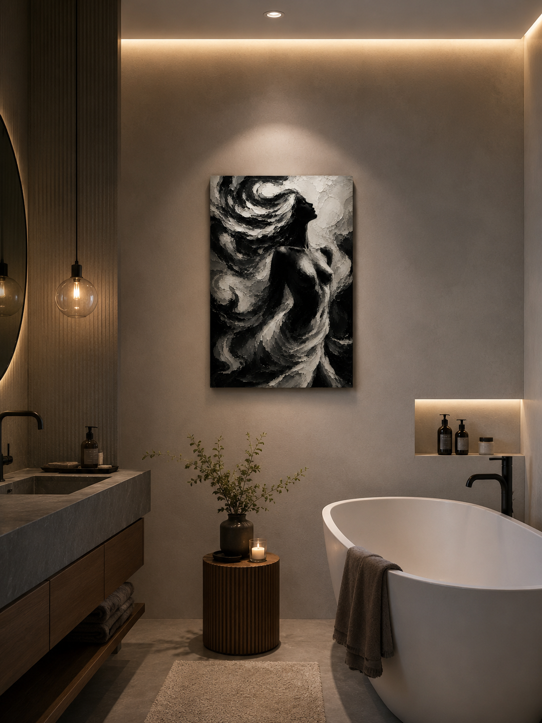 Tranh Canvas Nghệ Thuật Cô Gái Và Hoa Lá Tông Tối Trang Trí Phòng Khách
