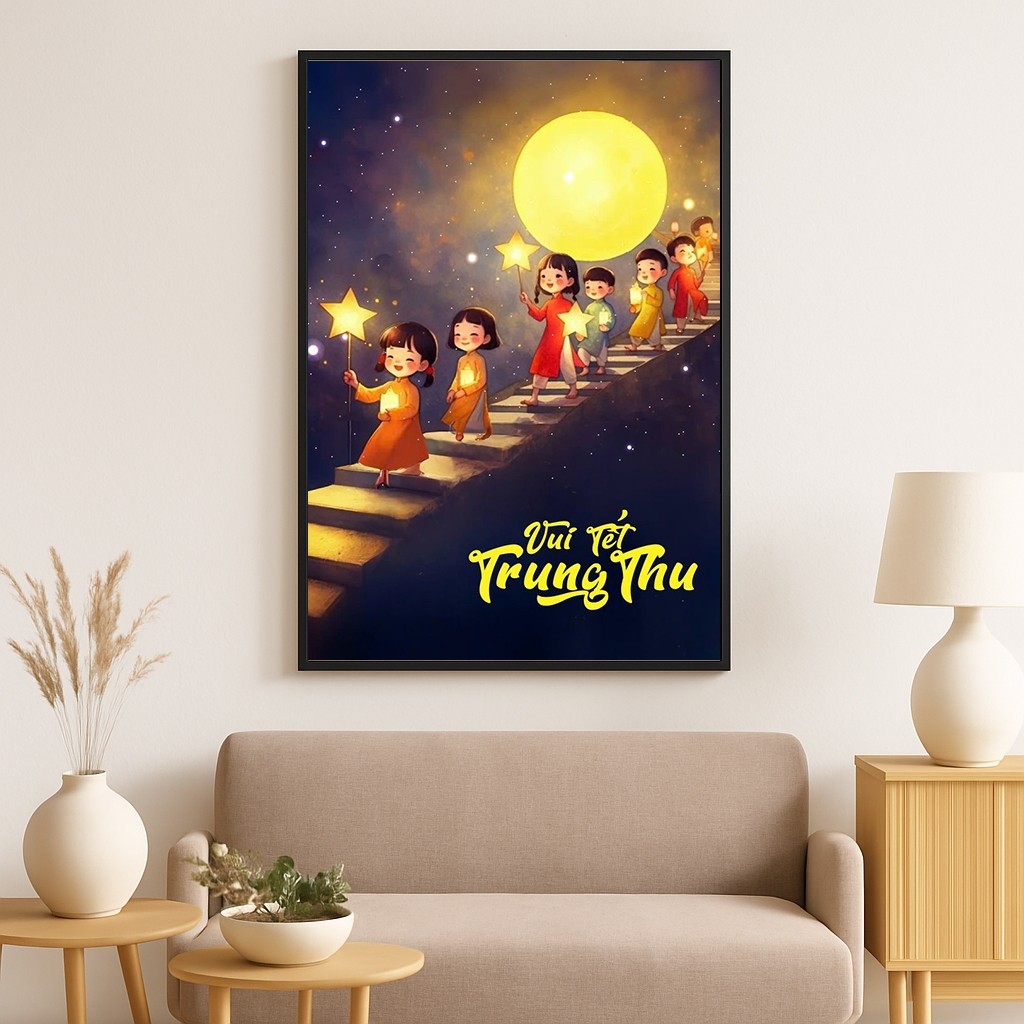 Tranh canvas decor ngày tết Trung Thu SNY38 - Tranh vui tết trung thu khung cảnh gia đình ấm cúng