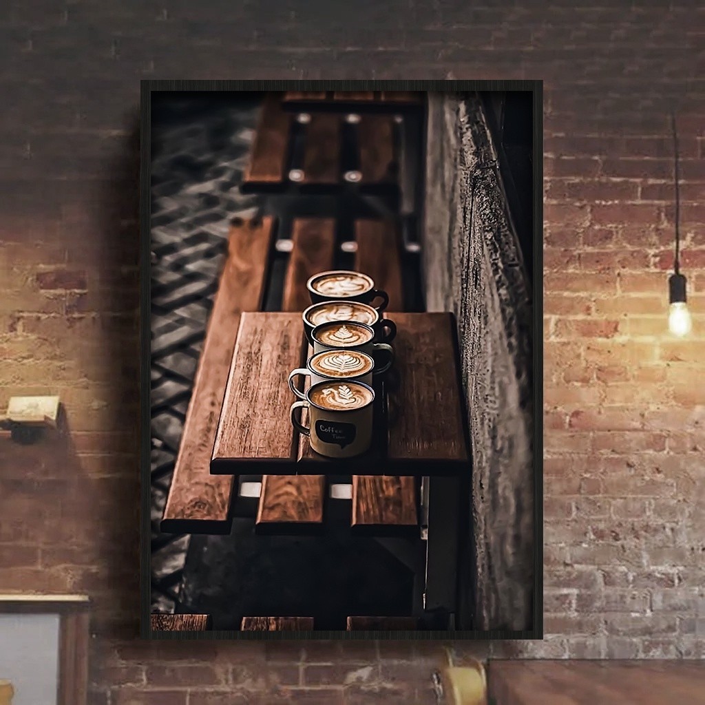 Tranh tường chủ đề cà phê cổ điển, khung gỗ, trang trí quán cà phê và phòng ngủ